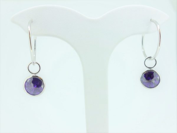 Silver And Purple Zirconia Bezel Set Hoop Earring Charms