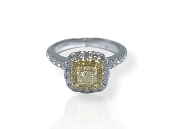 Platinum Cushion Cut Yellow Diamond Halo Style Ring