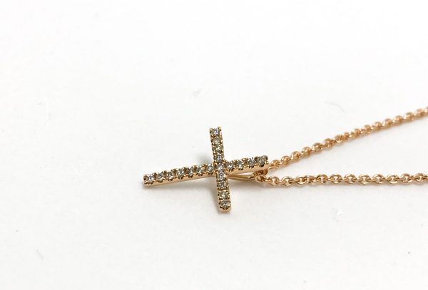 18ct Rose Gold Diamond Cross & Chain - Image 2