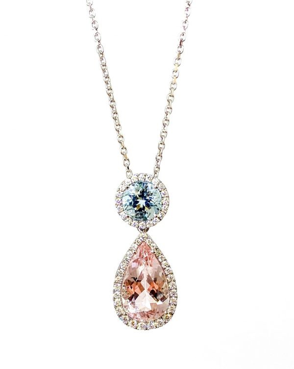 18ct White Gold Morganite Aquamarine and Diamond Pendant