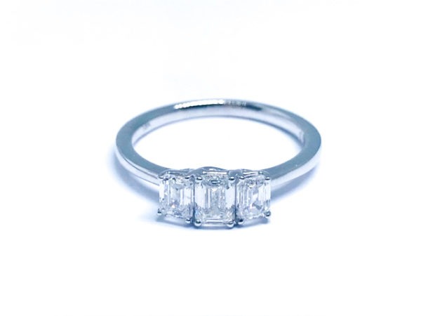 18ct White Gold Emerald Cut Diamond Trilogy Ring