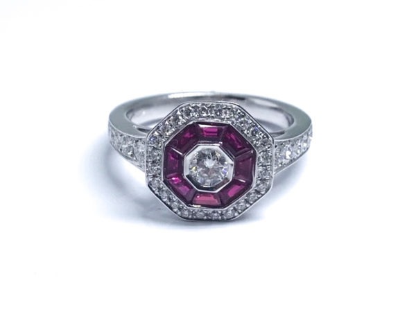 18ct White Gold Ruby & Diamond Shield Cluster Ring