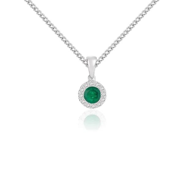 18ct White Gold Round Emerald & Diamond Cluster Necklace