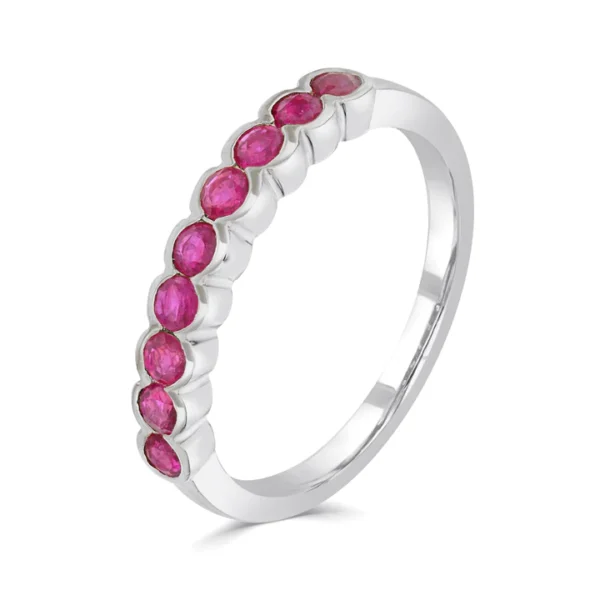 9ct White Gold Round Ruby 9 Stone Scallop Rubover