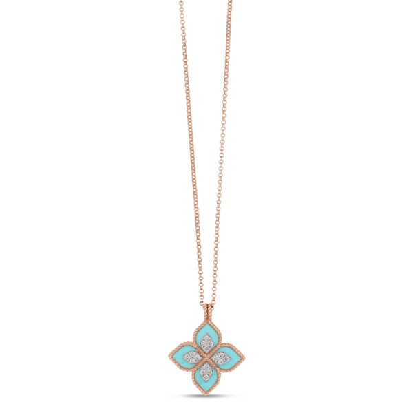 Roberto Coin 18ct Rose Gold Diamond & Turquoise Princess Flower Necklace