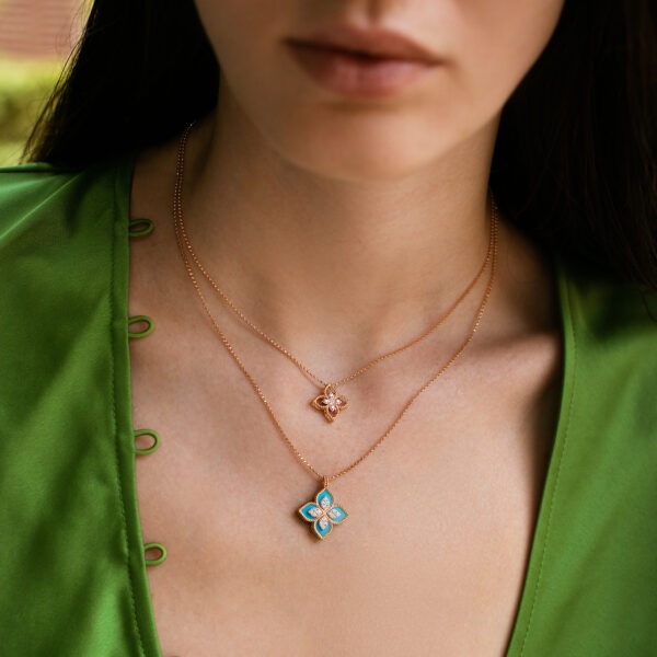 Roberto Coin 18ct Rose Gold Diamond & Turquoise Princess Flower Necklace - Image 2
