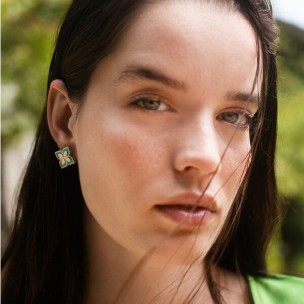Roberto Coin 18ct Rose Gold Diamond & Turquoise Princess Flower Earrings - Image 2