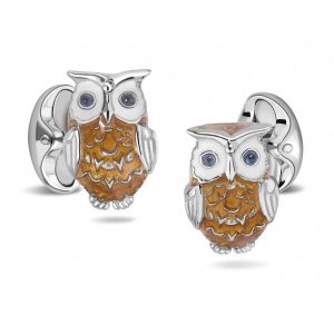 Deakin & Francis Silver Enamel Owl Cufflinks With Sapphire Eyes
