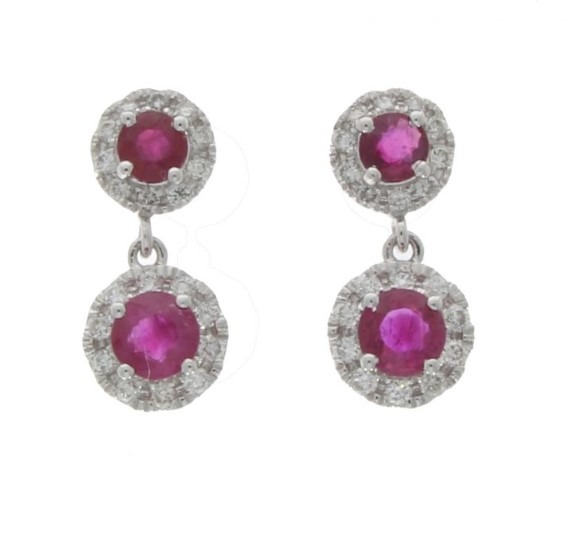 18ct White Gold Double Ruby and Diamond Halo Drop Earrings | R.L. Austen
