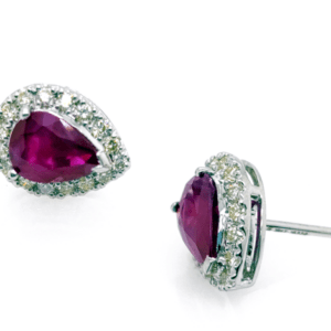 18ct WG Pear Shape Ruby & Round Brilliant Cut Diamond Micro Set Cluster Stud Earrings